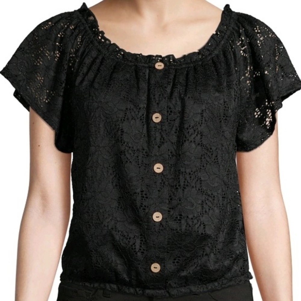 NWT Black Women's blouse, short sleeve shirt, faux wooden buttons